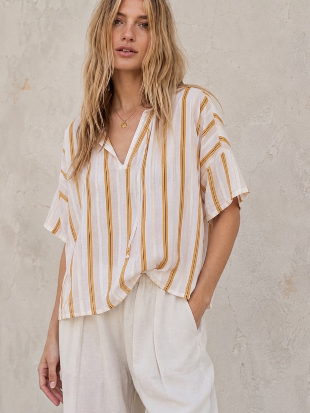 Striped Boho Peasant Blouse Balloon Sleeve Relaxed Oversized Cotton Semi-Sheer